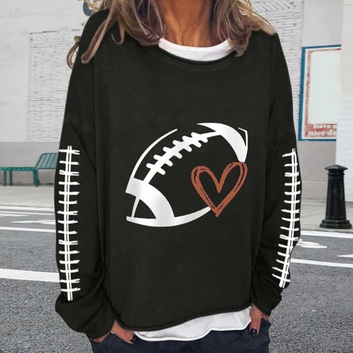 Womens Oversized Sweatshirts Funny Letter Rugby Print Drop Shoulder Pullovers Crewneck Long Sleeve Lightweight Blouse