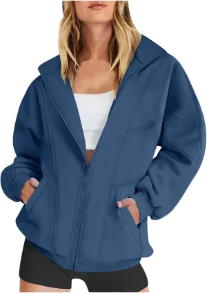 Womens Oversized Sweatshirts Jacket Zip Up Long Sleeve Fleece Y2K Jacket Pockets 2024 Fall Outfits Fashion Clothes