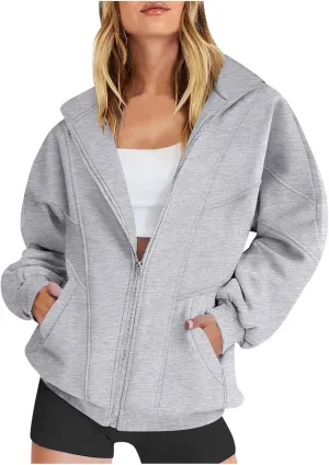Womens Oversized Sweatshirts Jacket Zip Up Long Sleeve Fleece Y2K Jacket Pockets 2024 Fall Outfits Fashion Clothes