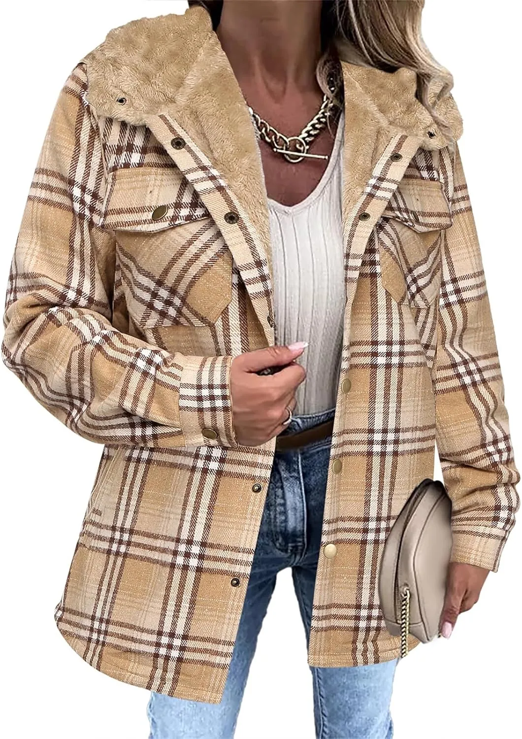 Womens Plaid Shacket Jacket Fuzzy Fleece Lined Coats Casual Long Sleeve Button Down Hooded Jackets Fall Winter Outfits
