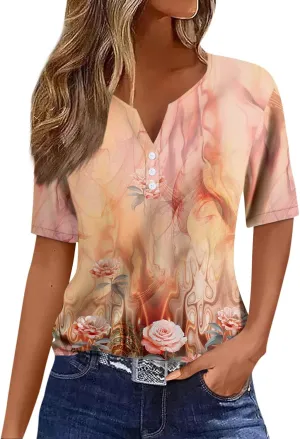 Womens Polo Shirts Short Sleeve Oversized V-Neck Pullover Printed Casual Shirt Top Loose Trendy Button Down T Shirt
