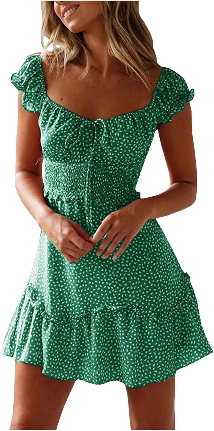 Women's Ruffle Sleeve Sweetheart Dresses Boho Plus Size Beach Neckline Printing Dress Summer Pleated Mini Dress