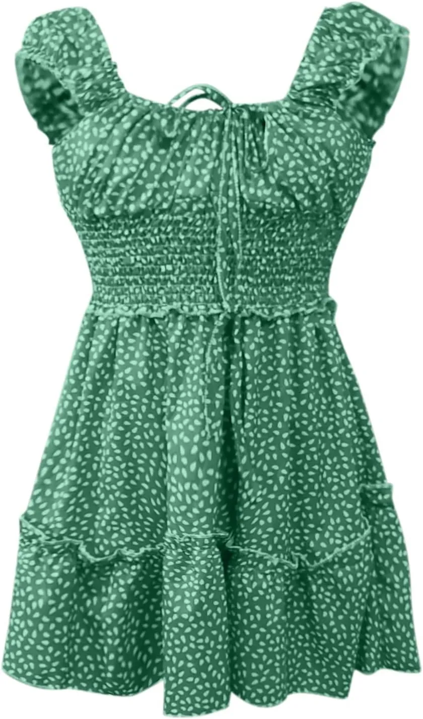 Women's Ruffle Sleeve Sweetheart Dresses Boho Plus Size Beach Neckline Printing Dress Summer Pleated Mini Dress