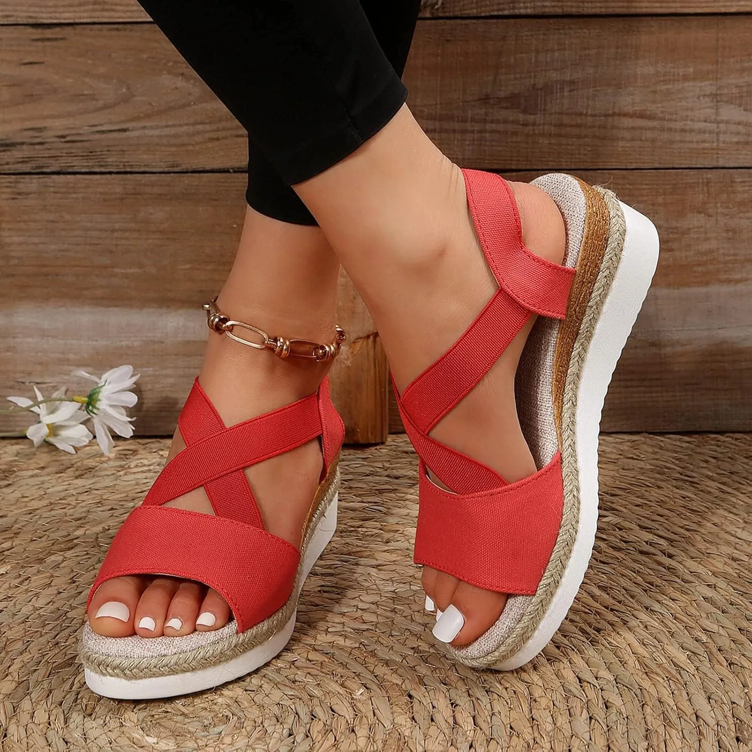 Women's Sandals Dressy Platform Espadrilles Open Toe Wedges Sandals Ankle Strap Slip On Orthopedic Sandals