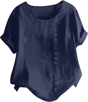 Womens Short Sleeve Button Shirts Blouse Loose Fit Round Neck Tops Fashion Solid Color Casual Cotton Linen Shirts
