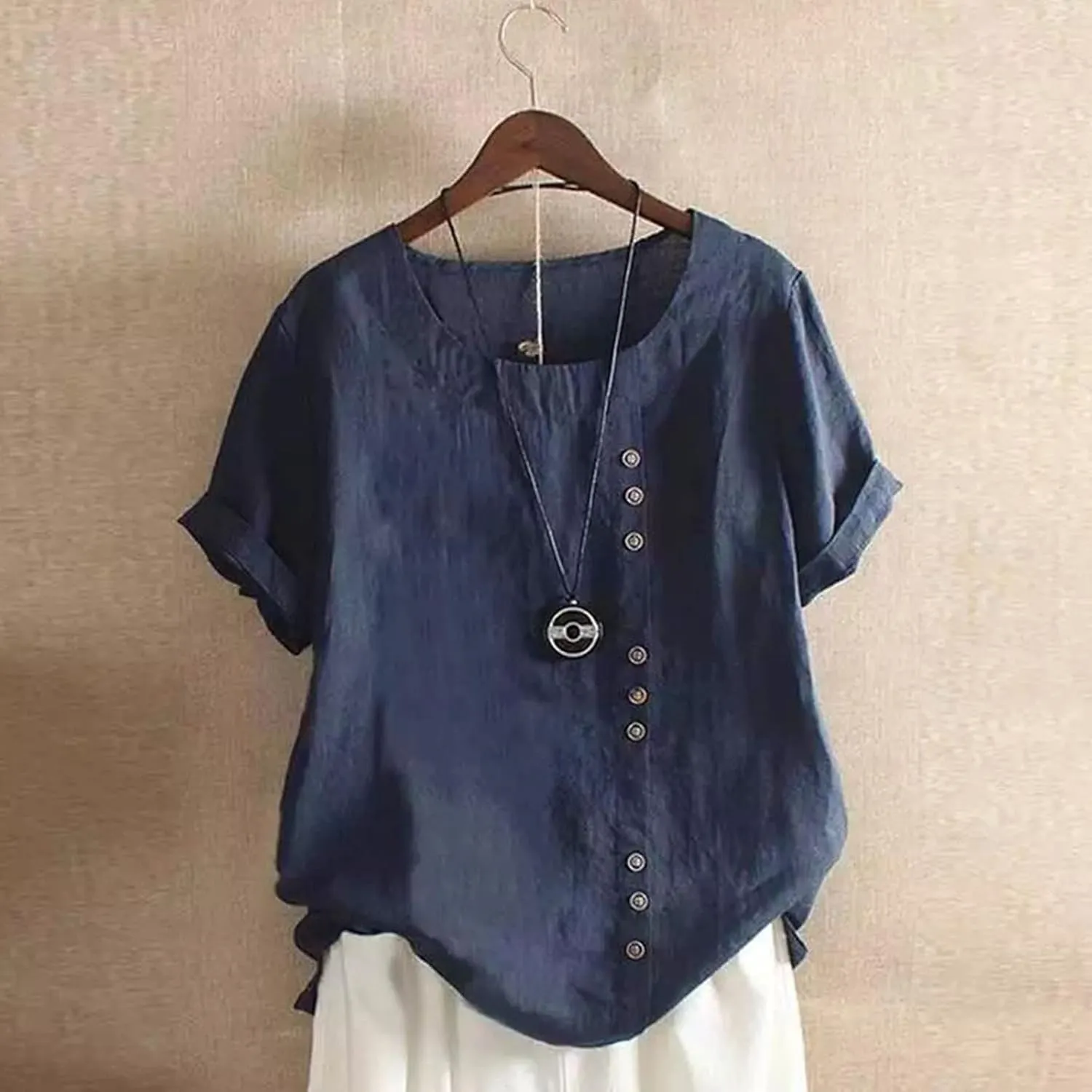 Womens Short Sleeve Button Shirts Blouse Loose Fit Round Neck Tops Fashion Solid Color Casual Cotton Linen Shirts