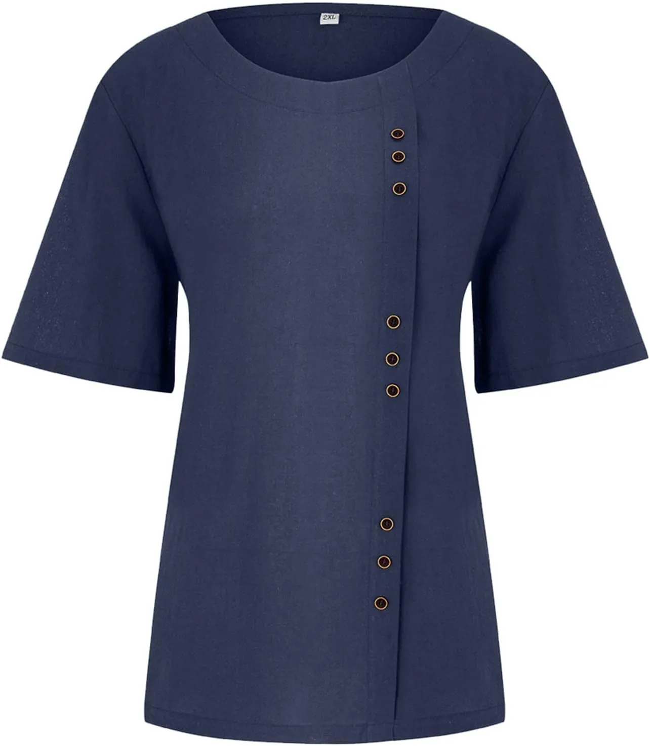 Womens Short Sleeve Button Shirts Blouse Loose Fit Round Neck Tops Fashion Solid Color Casual Cotton Linen Shirts