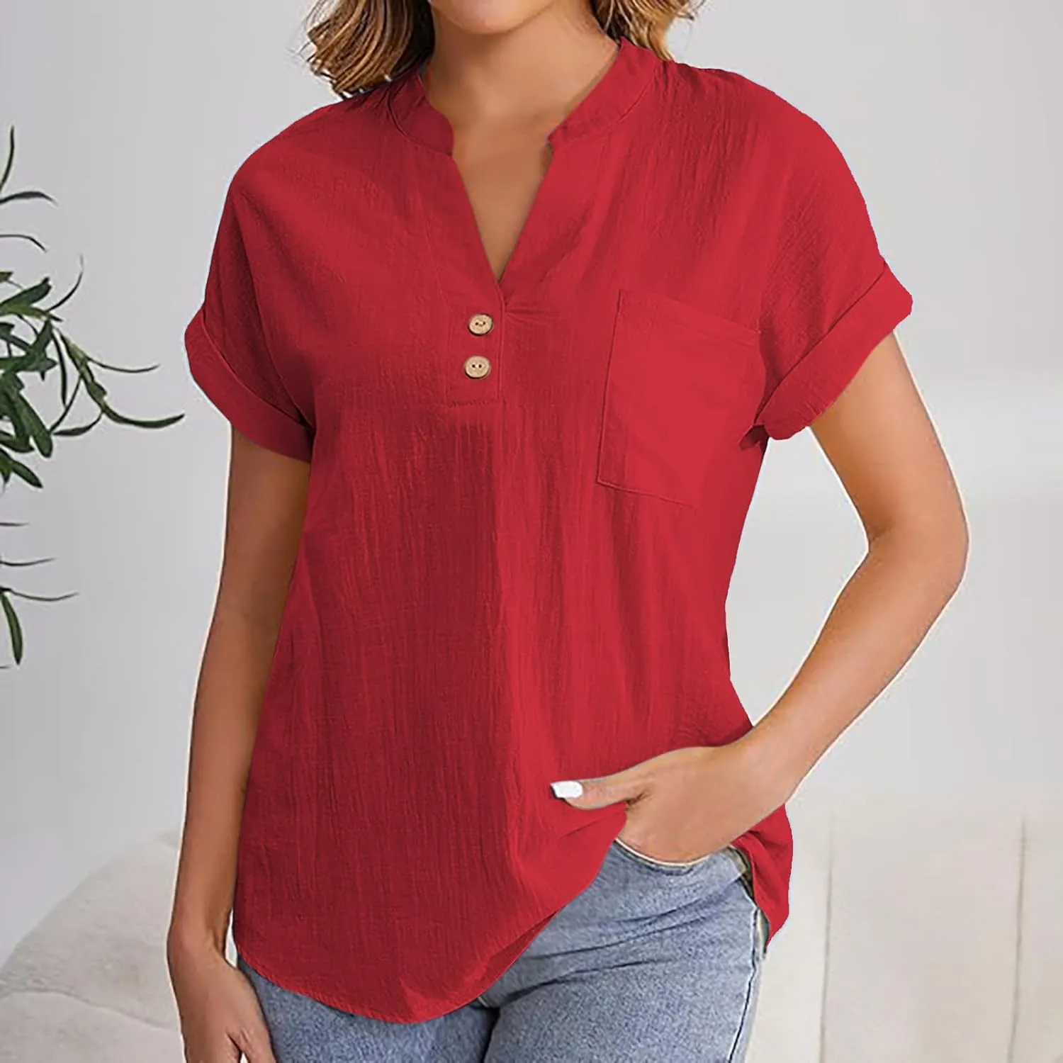 Womens Short Sleeve T-Shirts Summer Cotton Linen Simple Tops Casual Tunic Tee V Neck Basic Workout Clothes Outfits