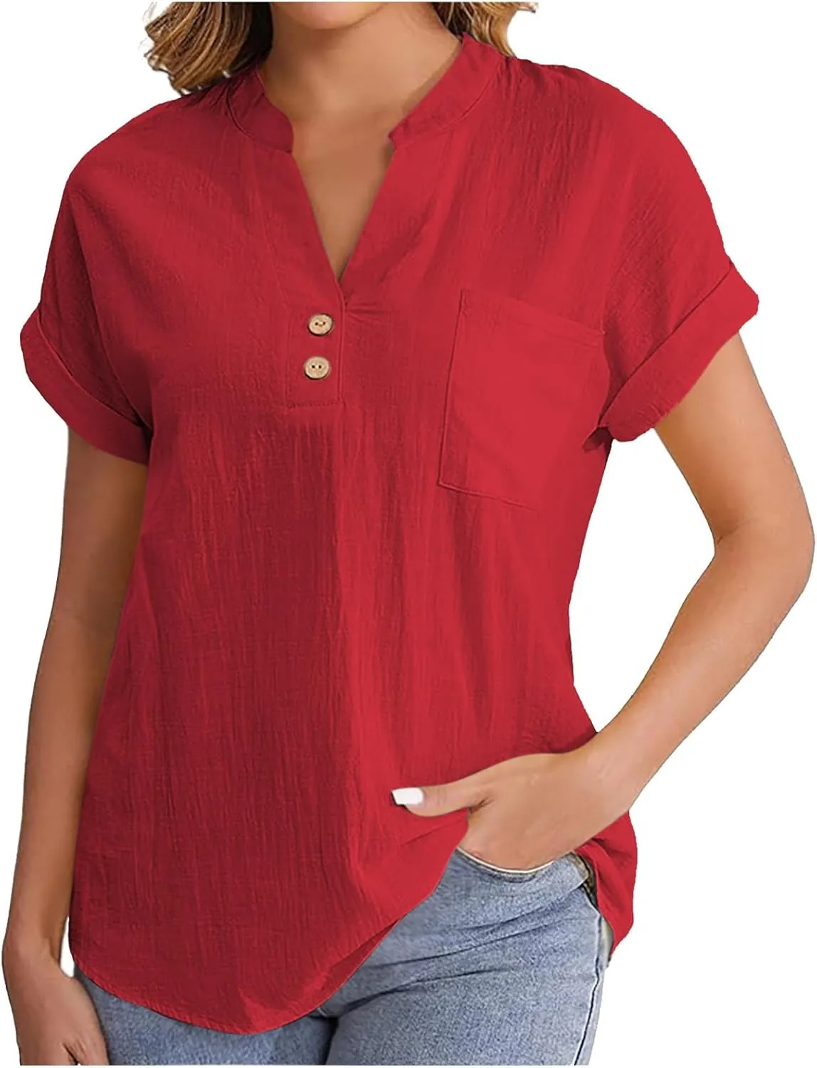 Womens Short Sleeve T-Shirts Summer Cotton Linen Simple Tops Casual Tunic Tee V Neck Basic Workout Clothes Outfits