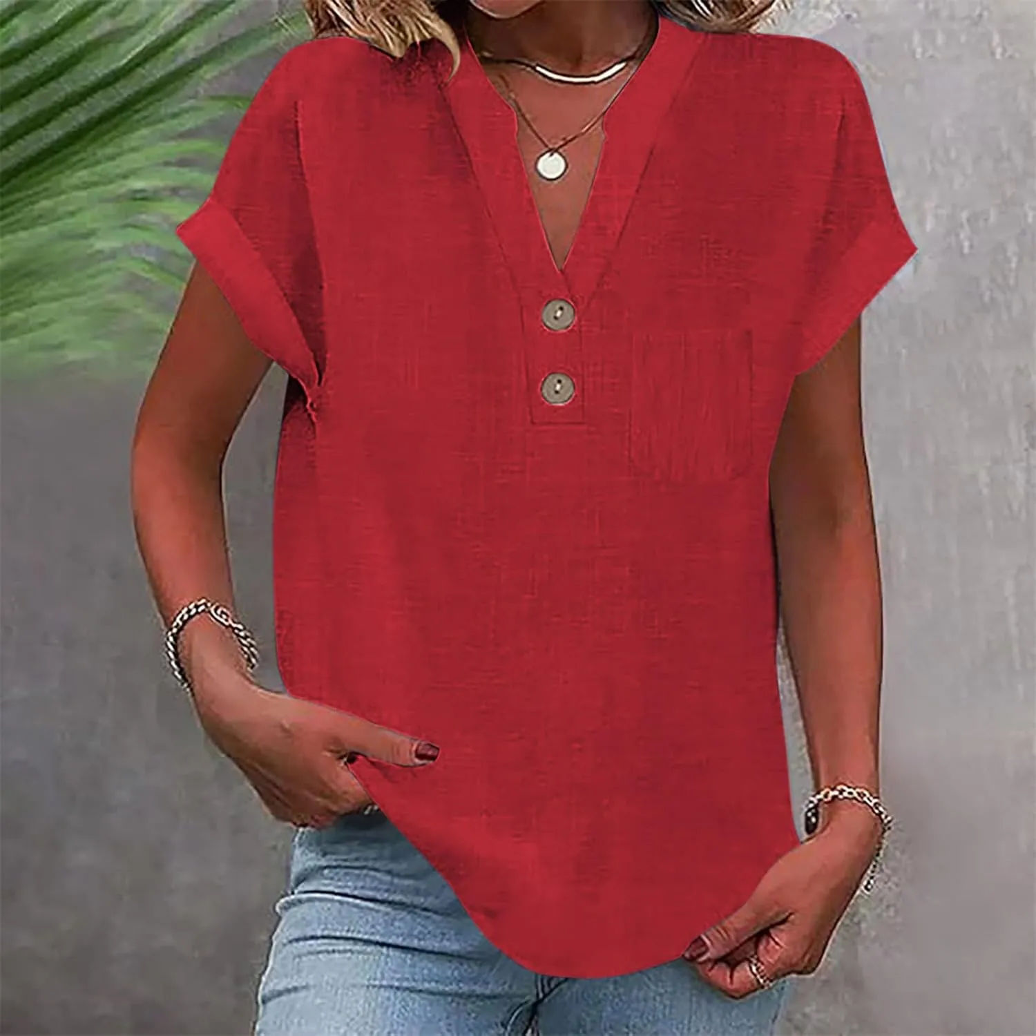Womens Short Sleeve T-Shirts Summer Cotton Linen Simple Tops Casual Tunic Tee V Neck Basic Workout Clothes Outfits