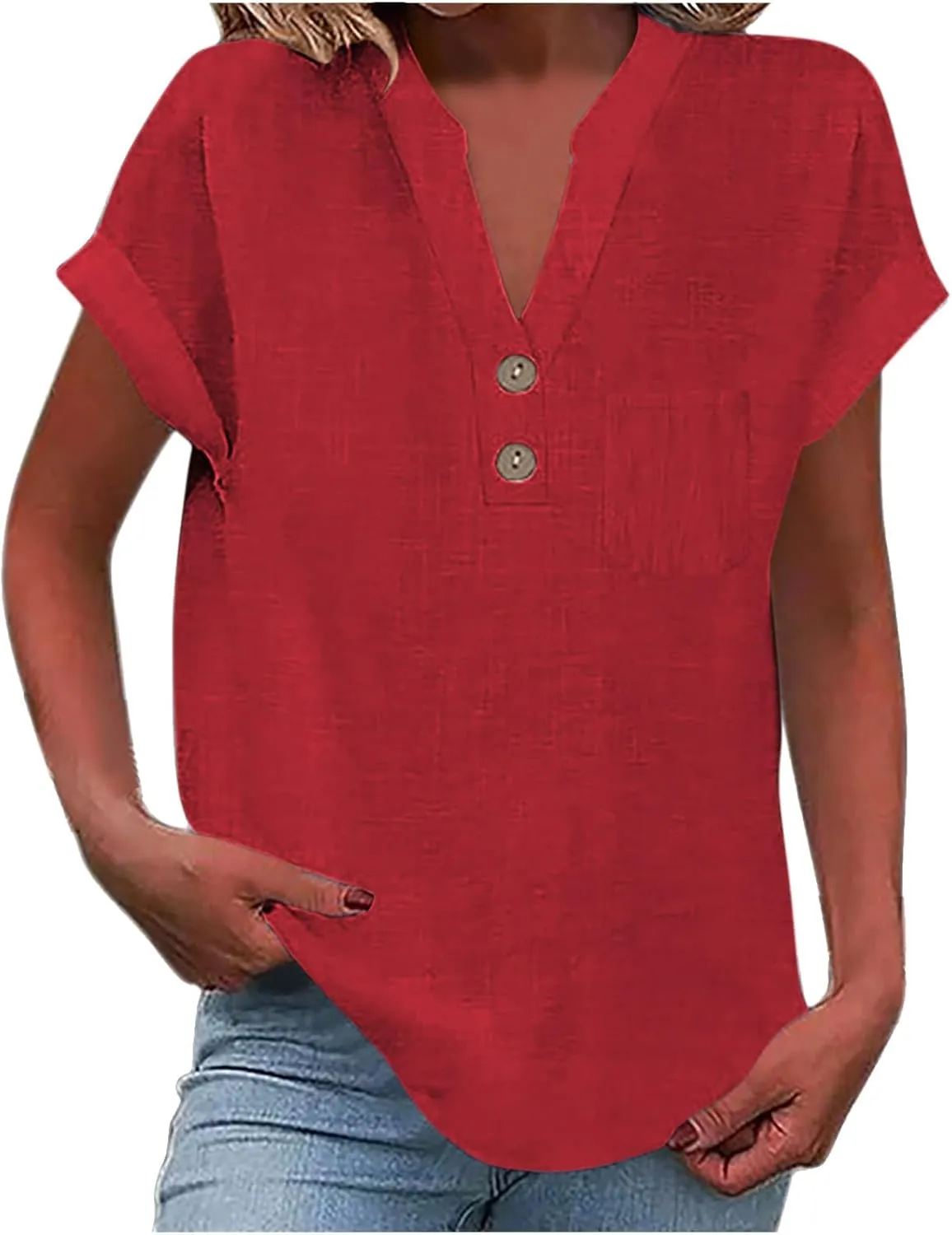 Womens Short Sleeve T-Shirts Summer Cotton Linen Simple Tops Casual Tunic Tee V Neck Basic Workout Clothes Outfits