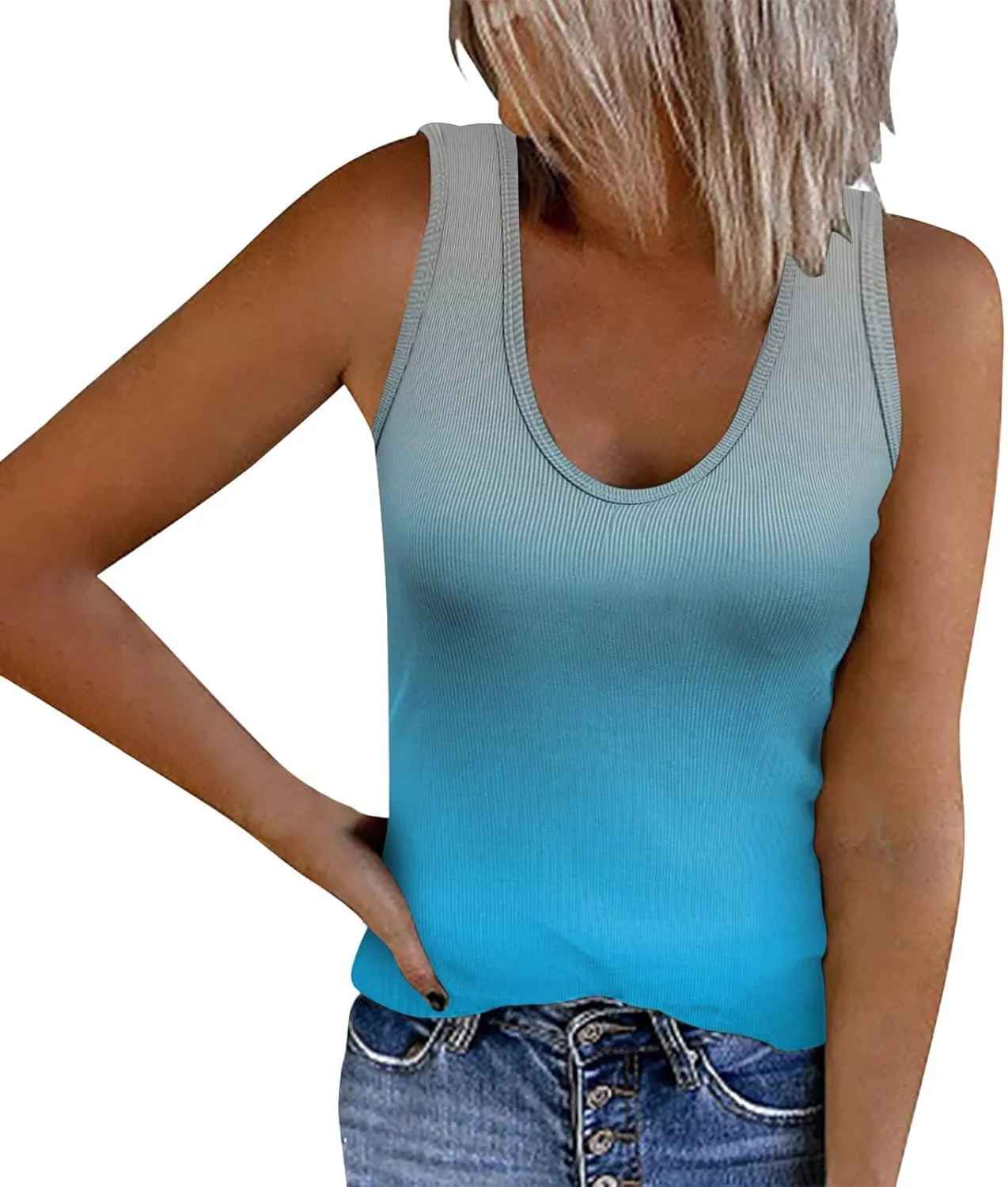 Womens Sleeveless Henley Tank Tops Ribbed Knit Scoop Neck Button Up T Shirts Summer Ombre Slim Fit Tee Tops Stretch