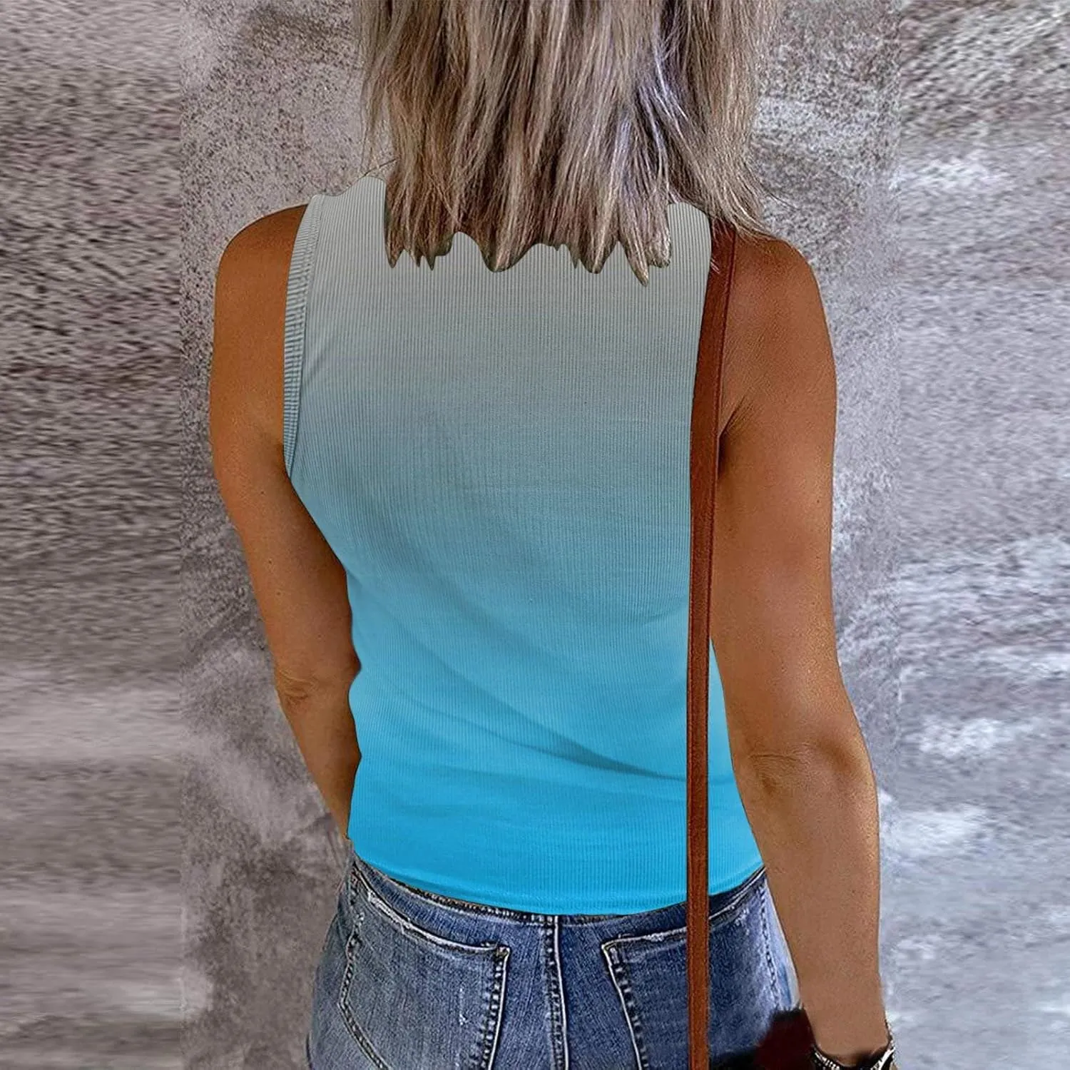 Womens Sleeveless Henley Tank Tops Ribbed Knit Scoop Neck Button Up T Shirts Summer Ombre Slim Fit Tee Tops Stretch