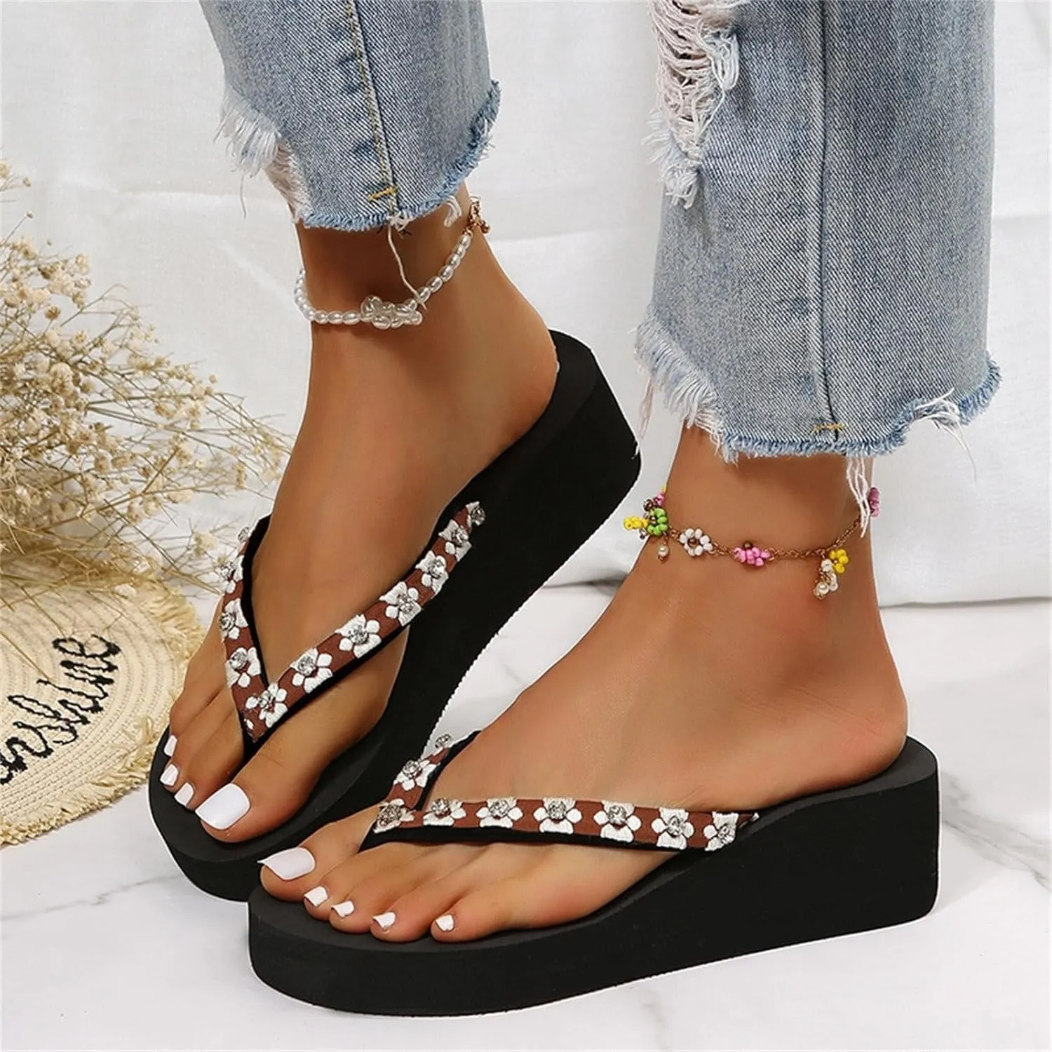 Womens Slippers Fashion Summer Flip Flops Casual Rhinestone Bow Sandals Soft Sole Dressy Sandals