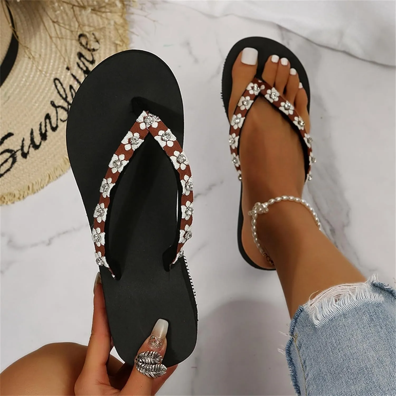 Womens Slippers Fashion Summer Flip Flops Casual Rhinestone Bow Sandals Soft Sole Dressy Sandals