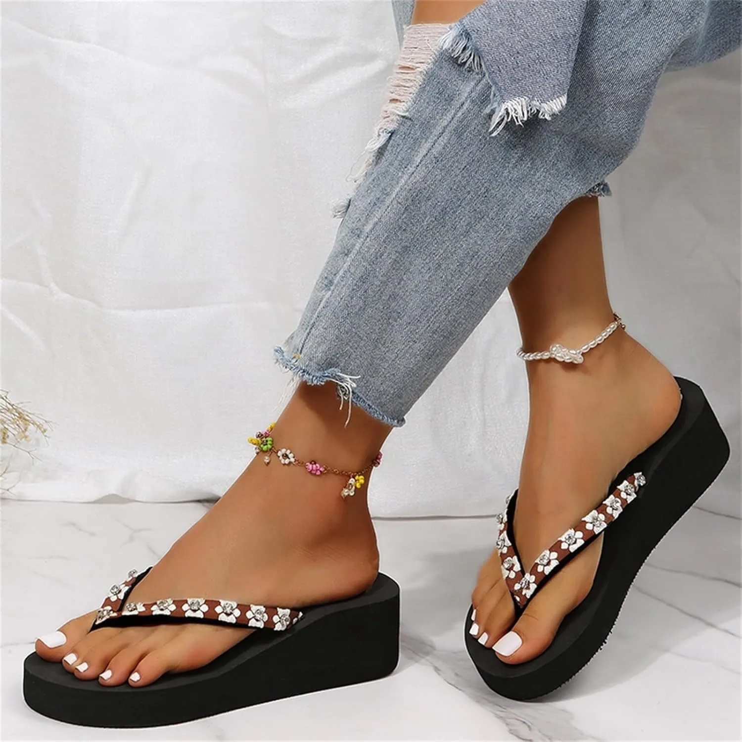 Womens Slippers Fashion Summer Flip Flops Casual Rhinestone Bow Sandals Soft Sole Dressy Sandals
