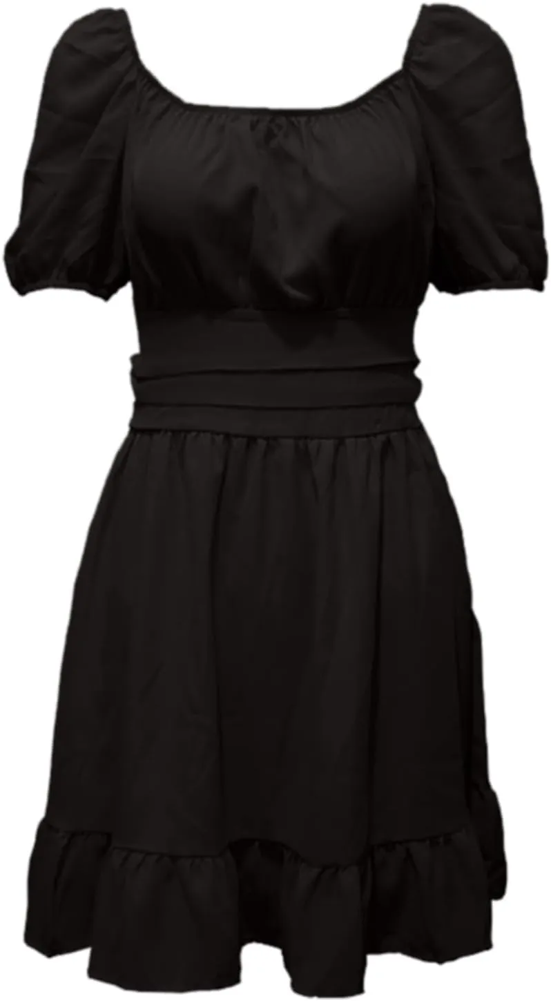 Womens Square Neck Dresses Short Sleeve High Waist Tie Back Ruffle Flowy A-Line Casual Summer Beach Mini Sundress