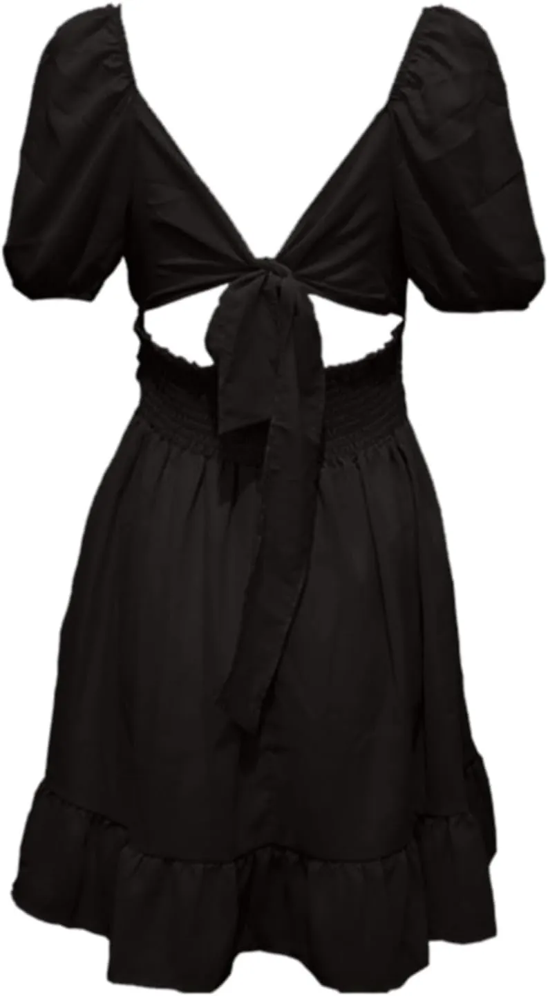 Womens Square Neck Dresses Short Sleeve High Waist Tie Back Ruffle Flowy A-Line Casual Summer Beach Mini Sundress