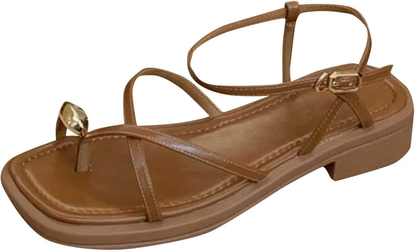 Womens Strappy Flat Sandals Comfortable Flip Flop Sandals Square Toe Dressy Ankle Strap Summer Beach Shoes