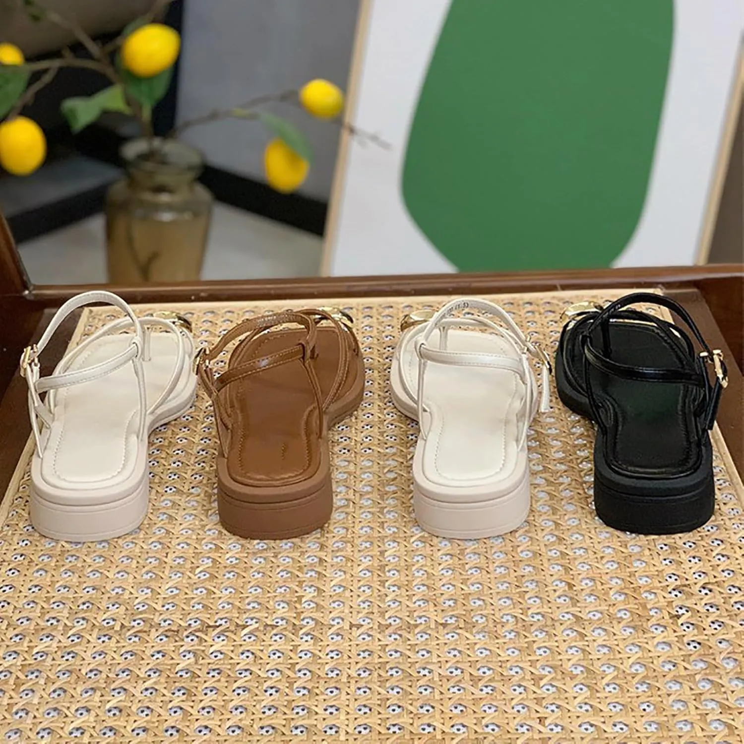 Womens Strappy Flat Sandals Comfortable Flip Flop Sandals Square Toe Dressy Ankle Strap Summer Beach Shoes