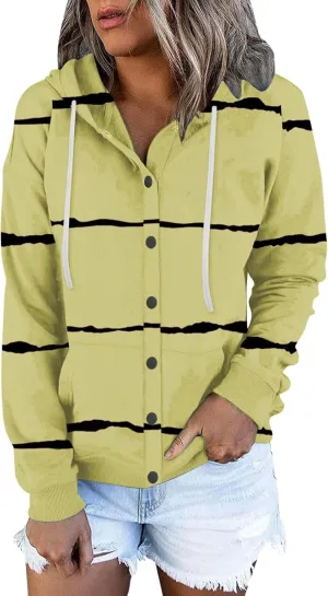 Womens Striped Casual Sweatshirt Oversized Drawstring Casual V Neck Button Up Hoodies Fall Long Sleeve Hooded Jackets