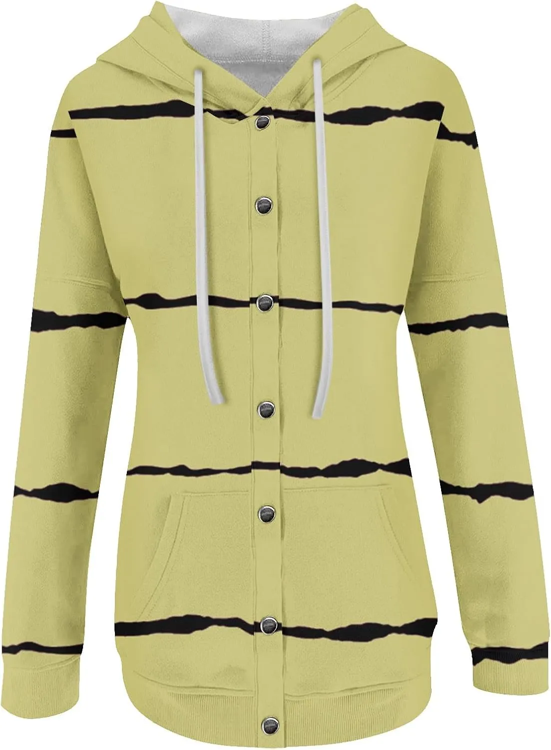 Womens Striped Casual Sweatshirt Oversized Drawstring Casual V Neck Button Up Hoodies Fall Long Sleeve Hooded Jackets