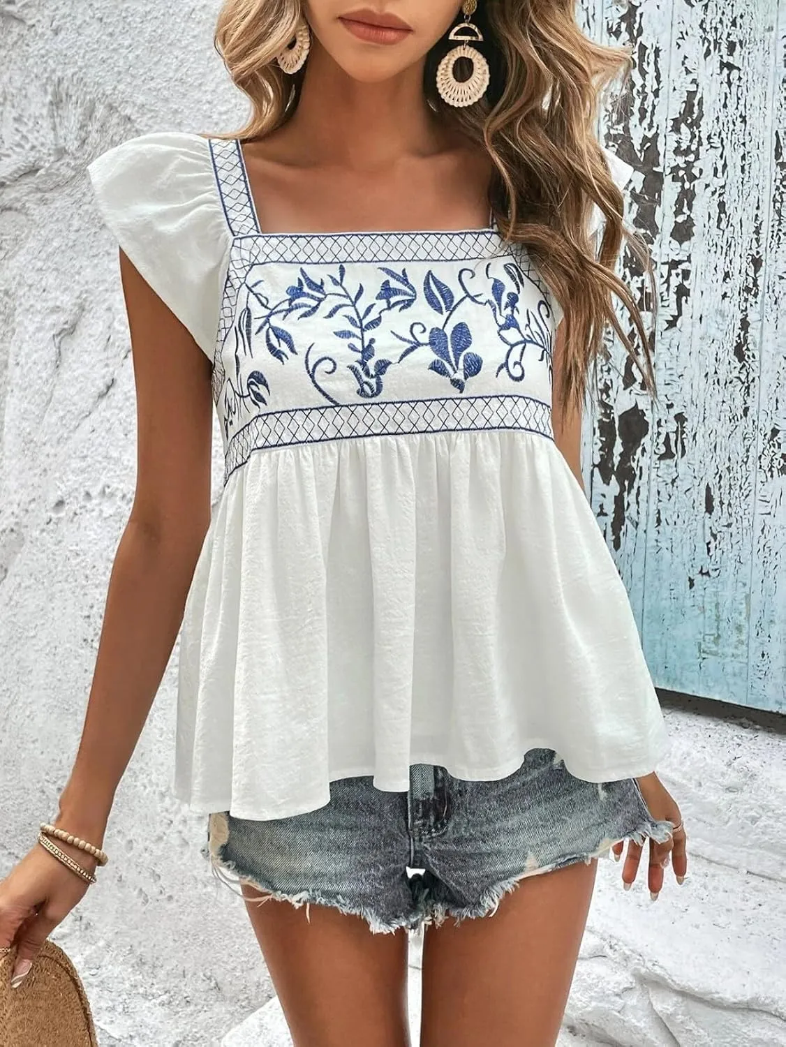 Womens Summer Boho Tops Casual Ruffle Cap Sleeve Square Neck Flowy Babydoll Peplum T Shirts Floral Embroidered Mexican Blouse