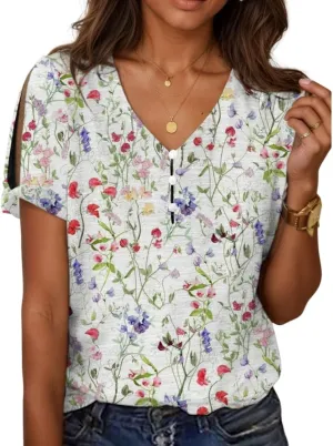 Women's Summer Colorful Boho Floral Printed Short Sleeve Cold Shoulder T Shirts Casual Loose Button V Neck Tee Tops