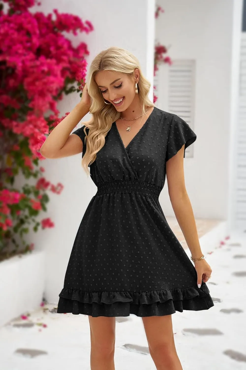 Womens Summer Mini Dress Chiffon Cutout Ruffle V-Neck Puff Sleeve Dresses Swiss Dot Boho Sundresses