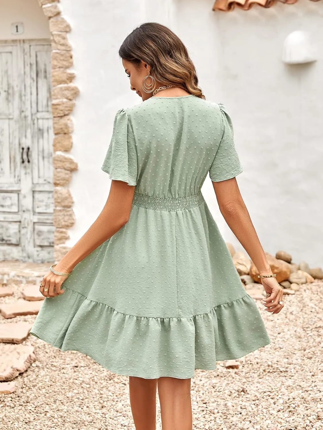 Womens Summer Mini Dress Chiffon Cutout Ruffle V-Neck Puff Sleeve Dresses Swiss Dot Boho Sundresses
