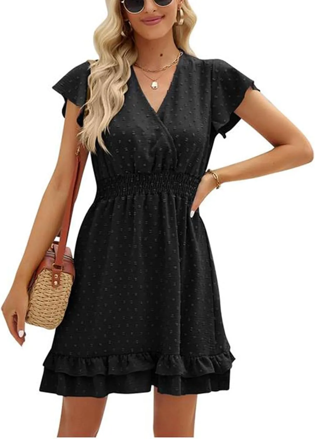 Womens Summer Mini Dress Chiffon Cutout Ruffle V-Neck Puff Sleeve Dresses Swiss Dot Boho Sundresses