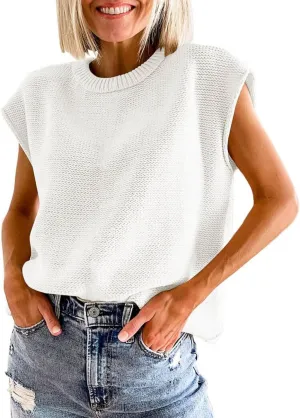 Womens Summer Sweater Vest Cap Sleeve Crew Neck Casual Loose Fit Knit Lightweight Pullover Tank Top for Spring Summer