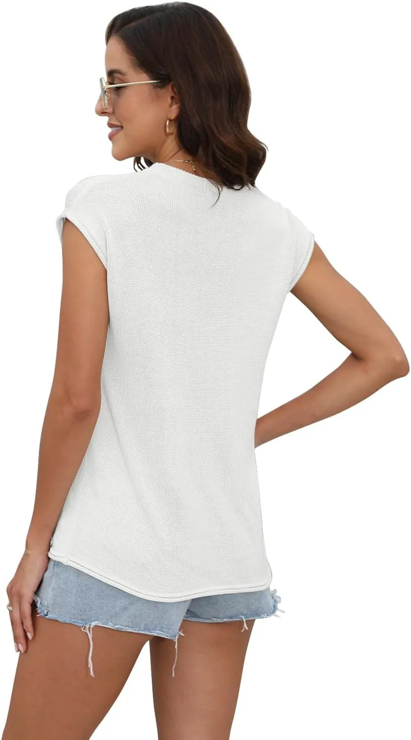 Womens Summer Sweater Vest Cap Sleeve Crew Neck Casual Loose Fit Knit Lightweight Pullover Tank Top for Spring Summer