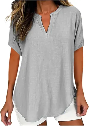 Womens Summer Tops Cotton Linen T-Shirts Casual Loose Fit V-Neck Henley Tops Short Sleeve Blouse Holiday Cmofy Shirts