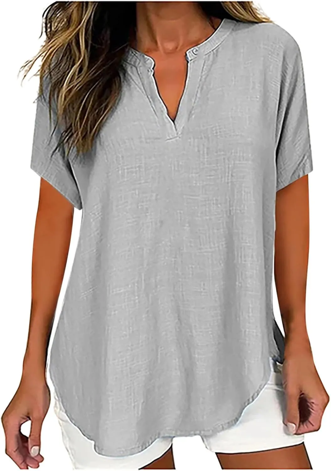 Womens Summer Tops Cotton Linen T-Shirts Casual Loose Fit V-Neck Henley Tops Short Sleeve Blouse Holiday Cmofy Shirts