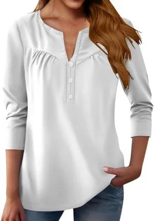 Womens T Shirts 3/4 Length Sleeve Tops Dressy Casual Blouses Spring Summer Outfits Flowy Pleated Front Scooped Neck