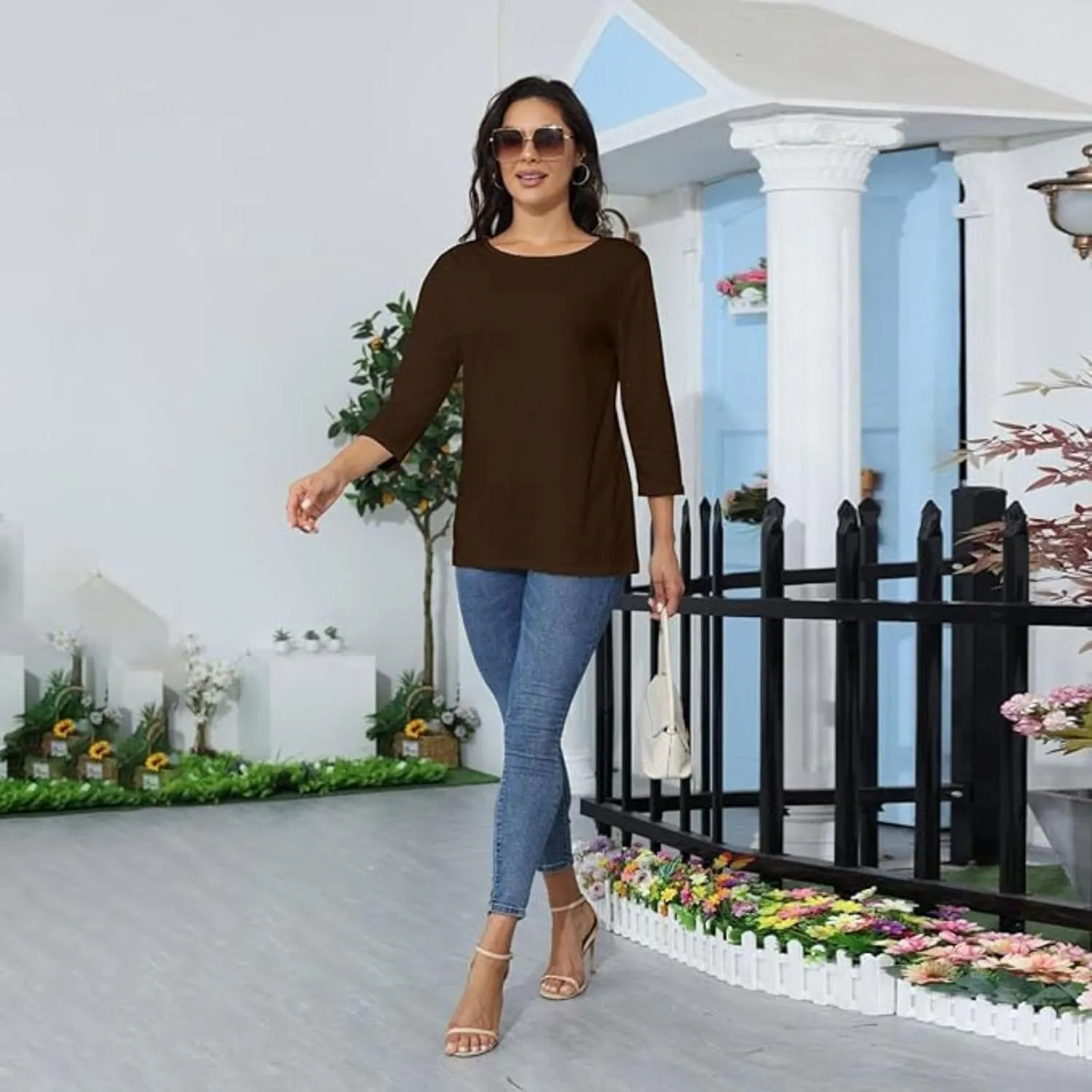 Womens Tops 3/4 Sleeve Shirts Round Neck Loose Casual Blouses Floral Print Tshirts
