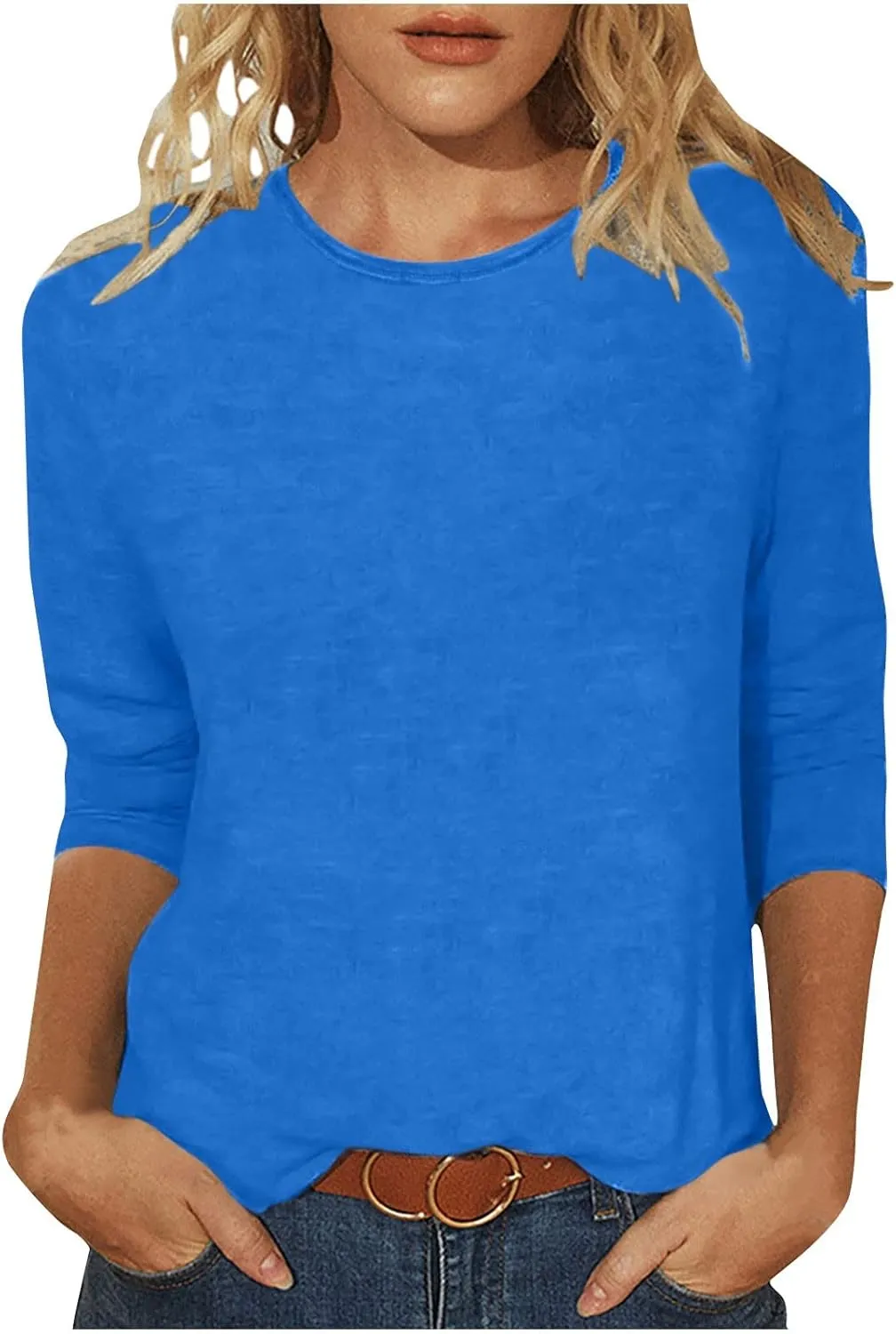 Womens Tops 3/4 Sleeve Shirts Round Neck Loose Casual Blouses Floral Print Tshirts