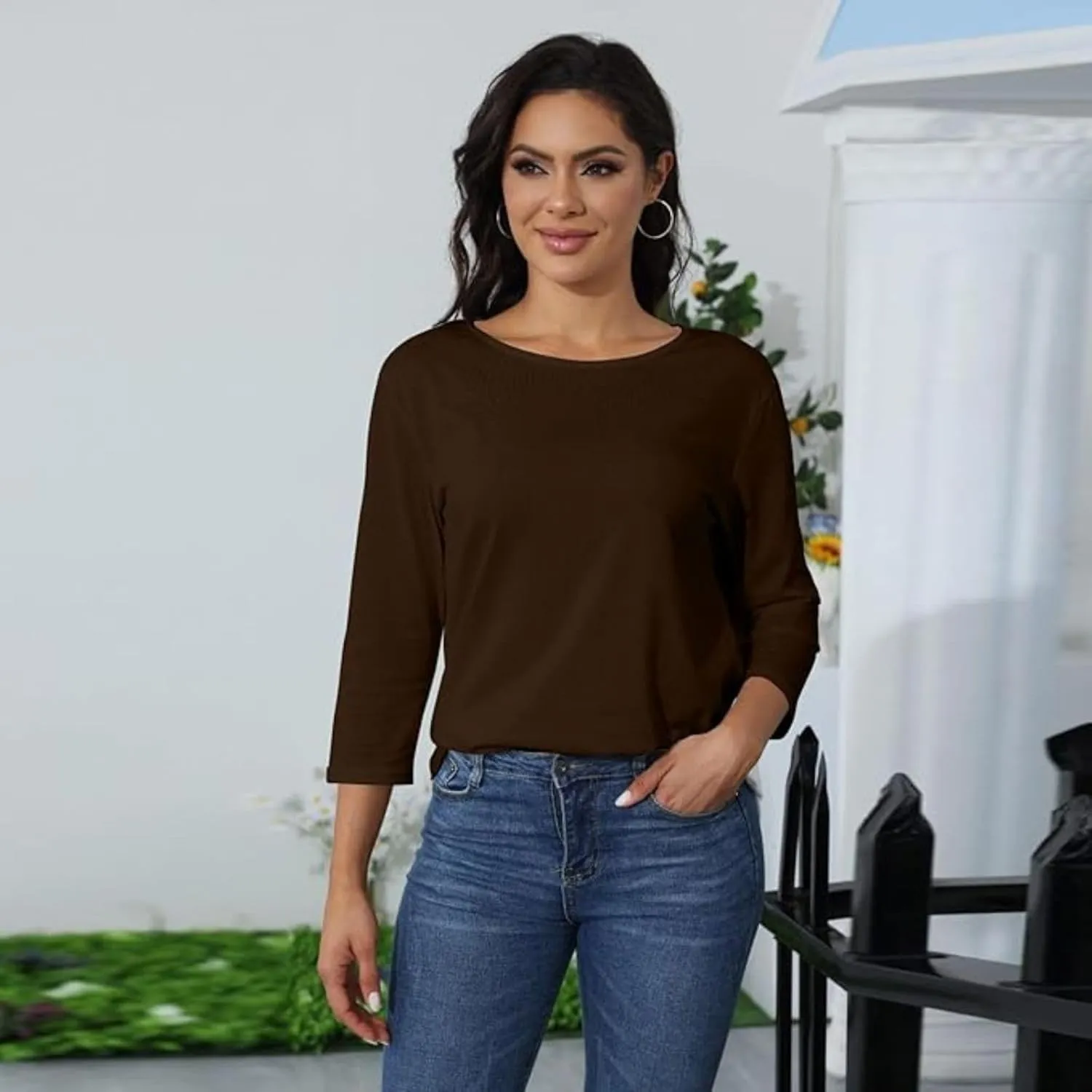 Womens Tops 3/4 Sleeve Shirts Round Neck Loose Casual Blouses Floral Print Tshirts