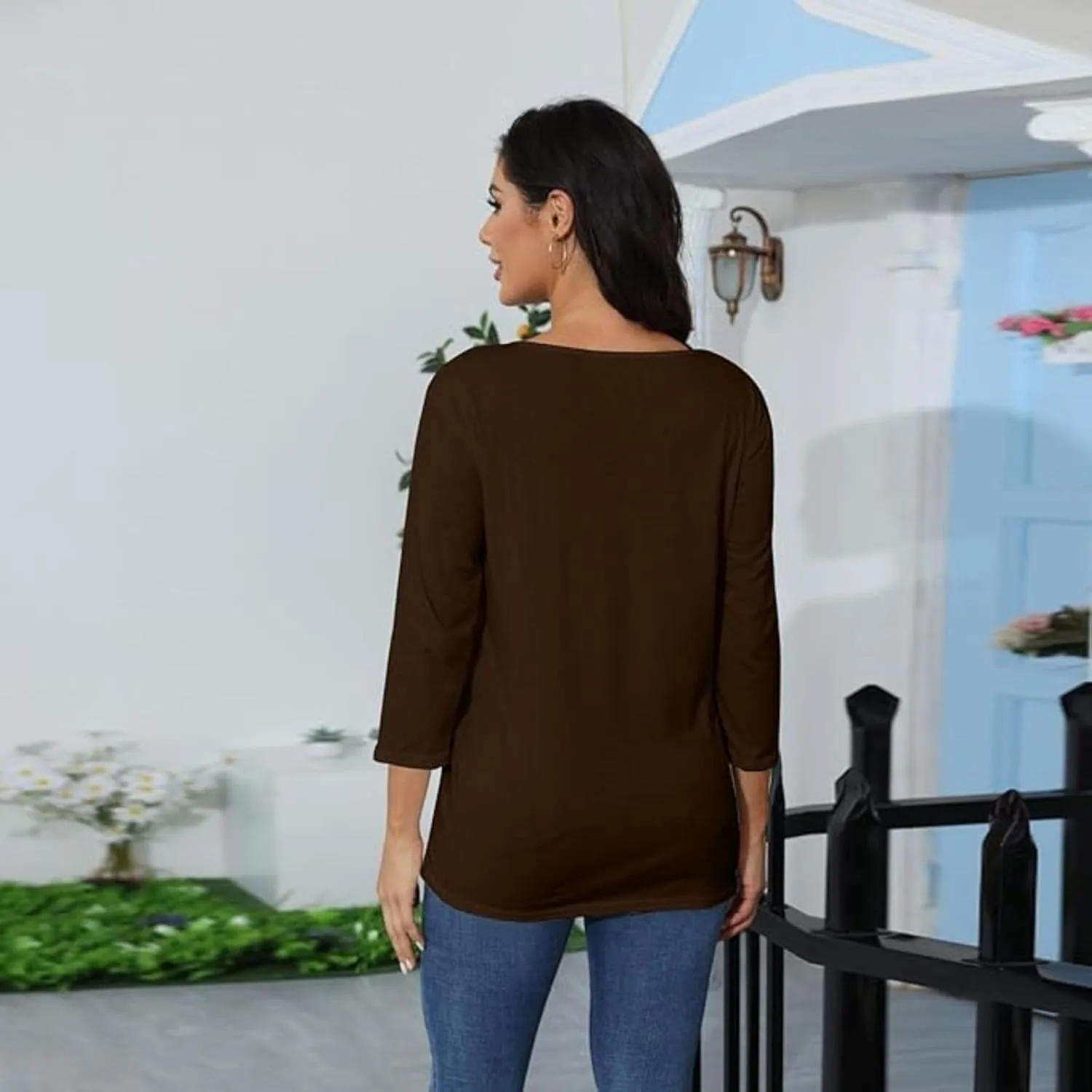 Womens Tops 3/4 Sleeve Shirts Round Neck Loose Casual Blouses Floral Print Tshirts