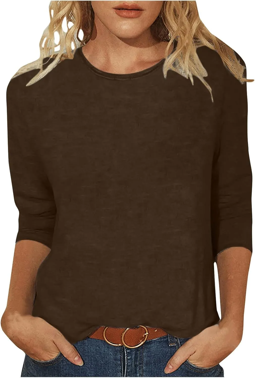 Womens Tops 3/4 Sleeve Shirts Round Neck Loose Casual Blouses Floral Print Tshirts