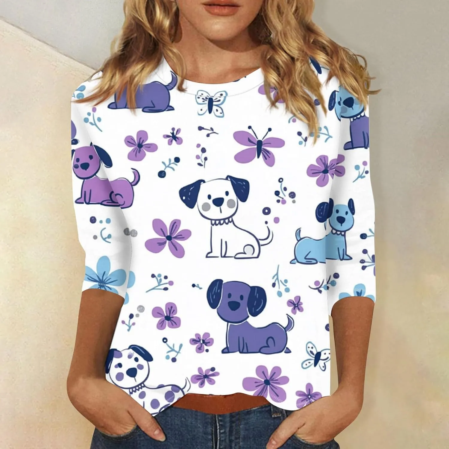 Womens Tops Casual 3/4 Length Sleeve Crew Neck Shirts Loose Fit Tunic Blouses Summer Tees
