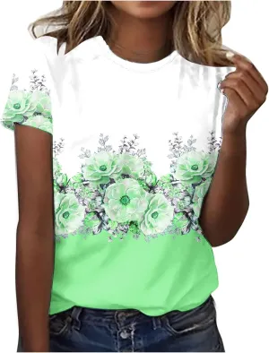 Womens Tops Short Sleeve Loose Fit Floral Print Crewneck Pullover Blouse Causal Graphic Tee Shirts Trendy Clothes