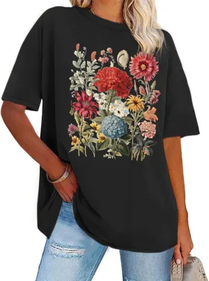 Women's Vintage Floral Crewneck T Shirt Summer Oversized Boho Wildflower Graphic Loose Tees Short Sleeve Casual Tops