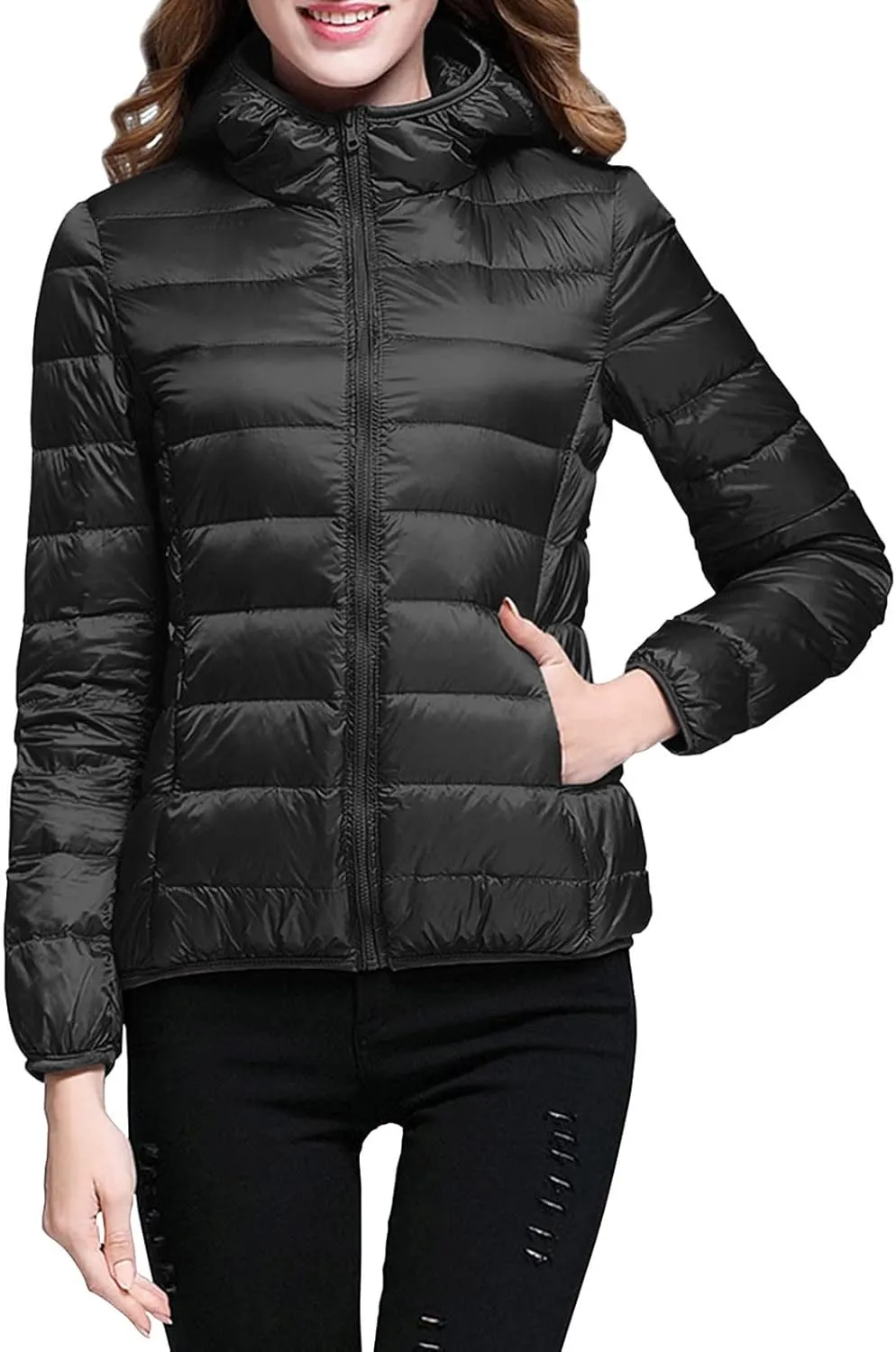 Womens Warm Lightweight Jacket Hooded Windproof Winter Coat With Recycled Insulation Slim Short Down Coat Outerwear