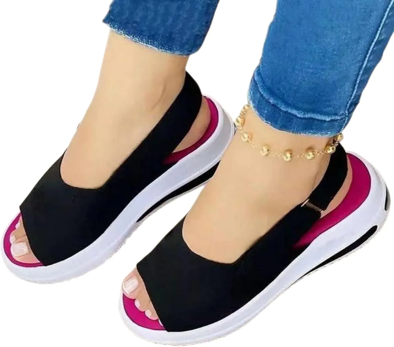 Women's Wedge Sandals Breathable Fish Mouth Non Slip Sandals Comfort Soft Cushion Athletic Casual Walking Sandals Adjustable Hook and Loop Closure Platform Shoes