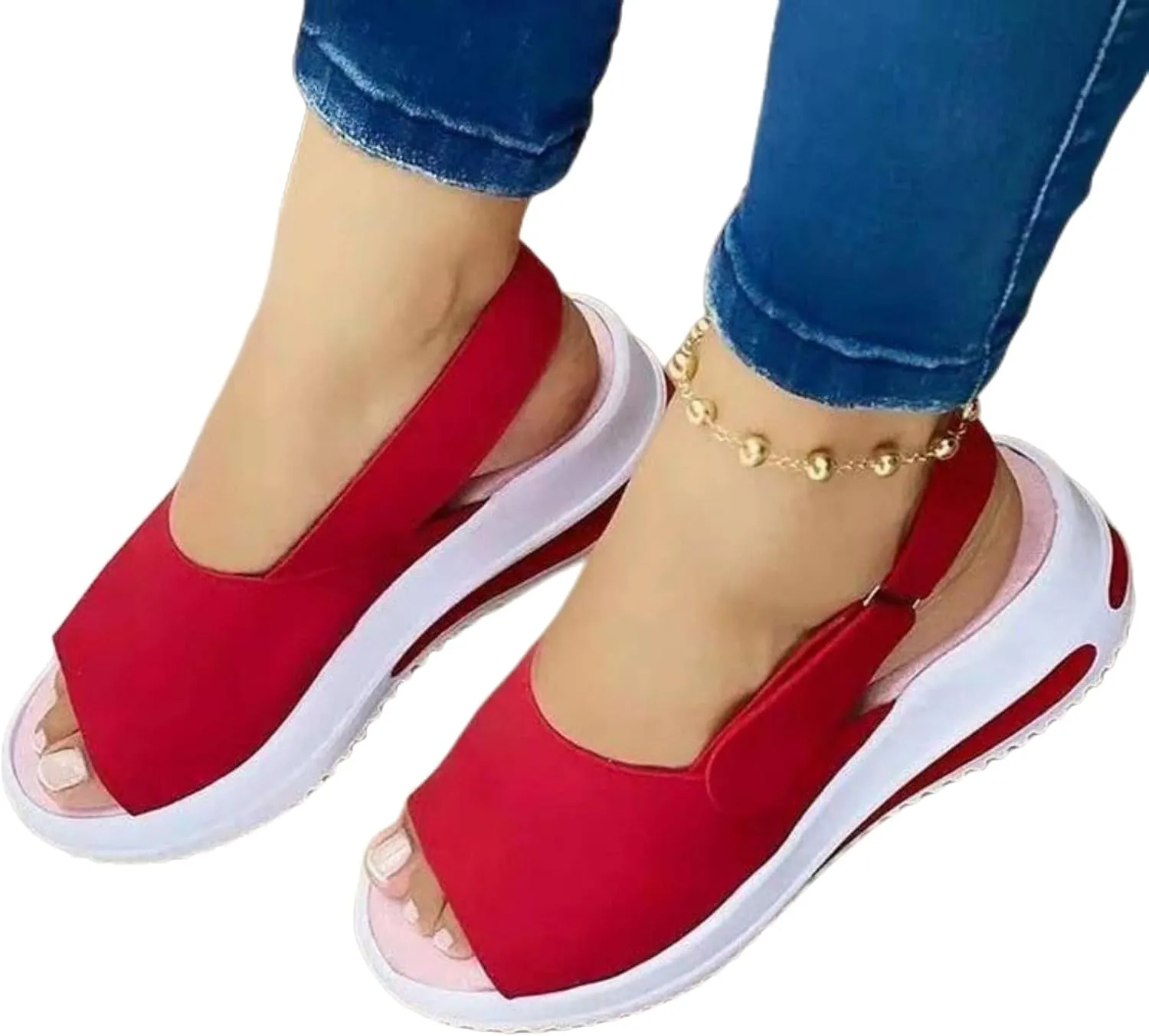 Women's Wedge Sandals Breathable Fish Mouth Non Slip Sandals Comfort Soft Cushion Athletic Casual Walking Sandals Adjustable Hook and Loop Closure Platform Shoes