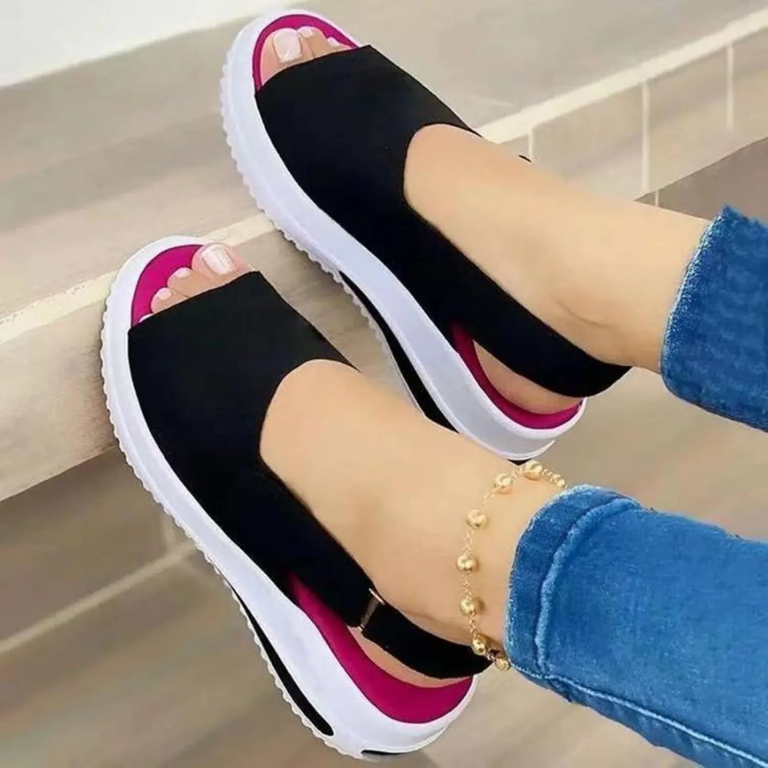 Women's Wedge Sandals Breathable Fish Mouth Non Slip Sandals Comfort Soft Cushion Athletic Casual Walking Sandals Adjustable Hook and Loop Closure Platform Shoes