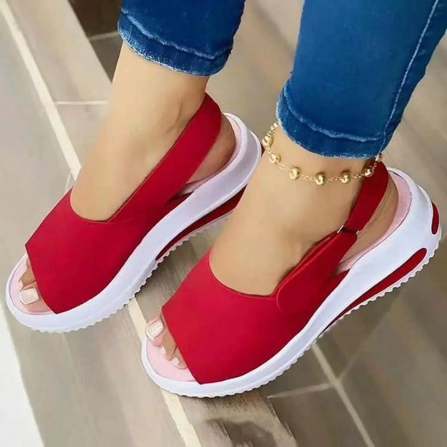 Women's Wedge Sandals Breathable Fish Mouth Non Slip Sandals Comfort Soft Cushion Athletic Casual Walking Sandals Adjustable Hook and Loop Closure Platform Shoes