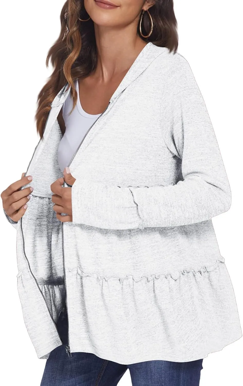Women's Zip Up Blouses Long Sleeve V Neck Dressy Peplum Casual Tops Babydoll Shirts Fashion Lightweight Hoodies